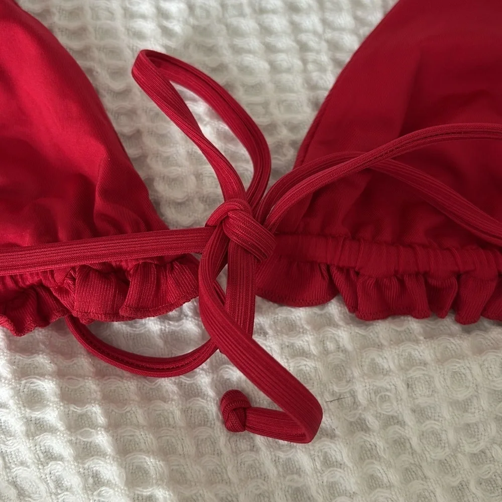 ARO Red Ruffle Textured Ribbed Triangle String Bikini Top